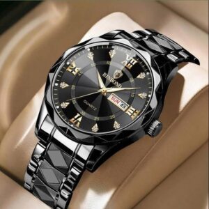 luxury binbond authentic men's watch, waterproof night light dual calendar diamond cutting glass watch black