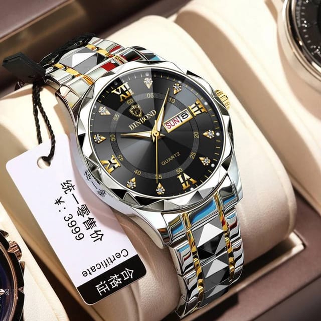 luxury binbond authentic men's watch, waterproof night light dual calendar diamond cutting glass watch black & silver (2)
