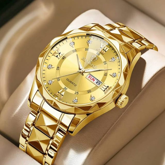 luxury binbond authentic men's watch, waterproof night light dual calendar diamond cutting glass watch golden