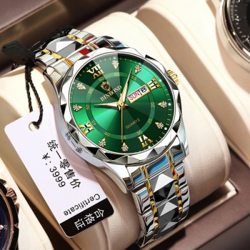 luxury binbond authentic men's watch, waterproof night light dual calendar diamond cutting glass watch  green & silver