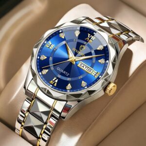 luxury binbond authentic men's watch, waterproof night light dual calendar diamond cutting glass watch silver & blue